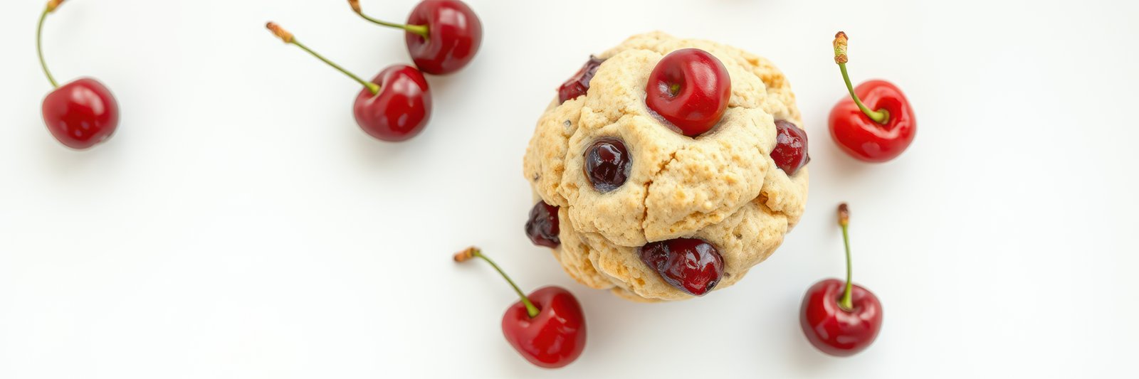 Freshly baked cherry cookie with sweet red cherries scattered around on a white background